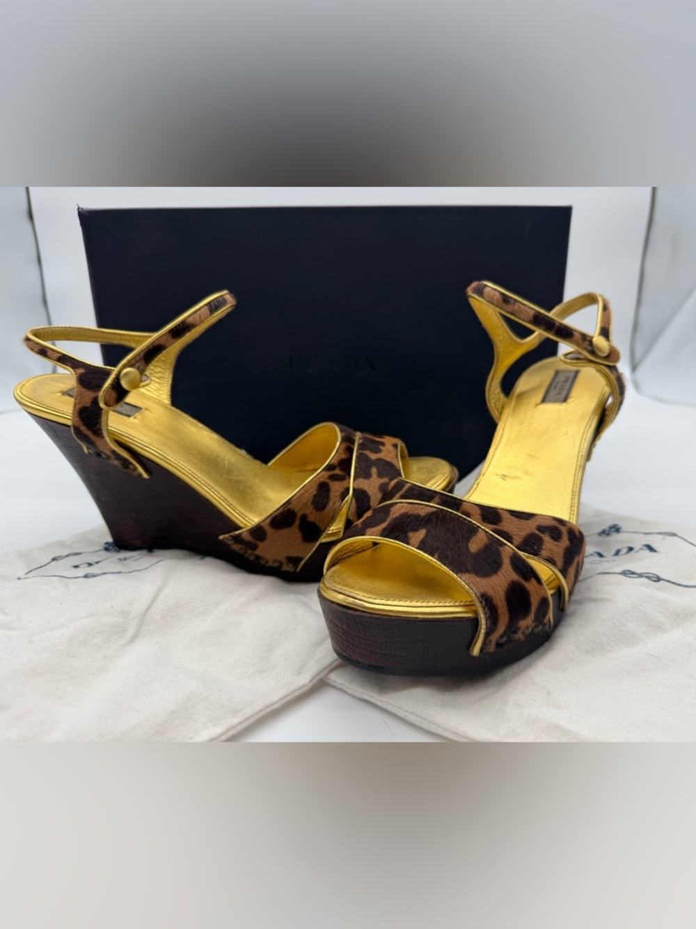 Prada Leopard Calf Hair Platform Wedge Sandals Gold Ankle Strap Size 39